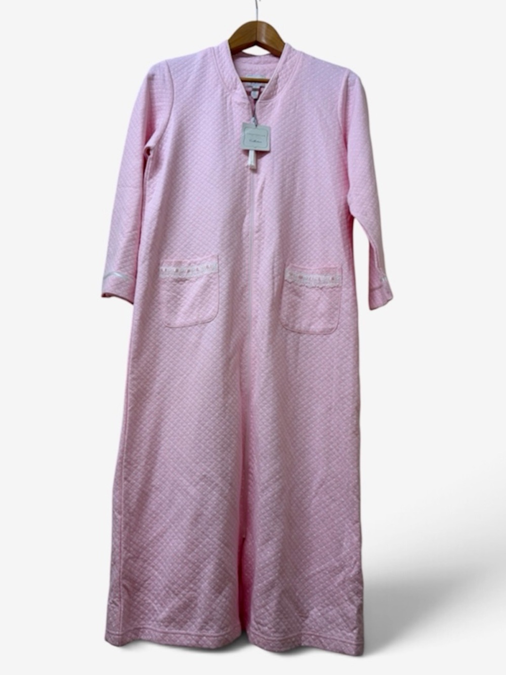 NWT Charter Club Pink Quilted Long Robe M Zip Front Polka Dot Gown